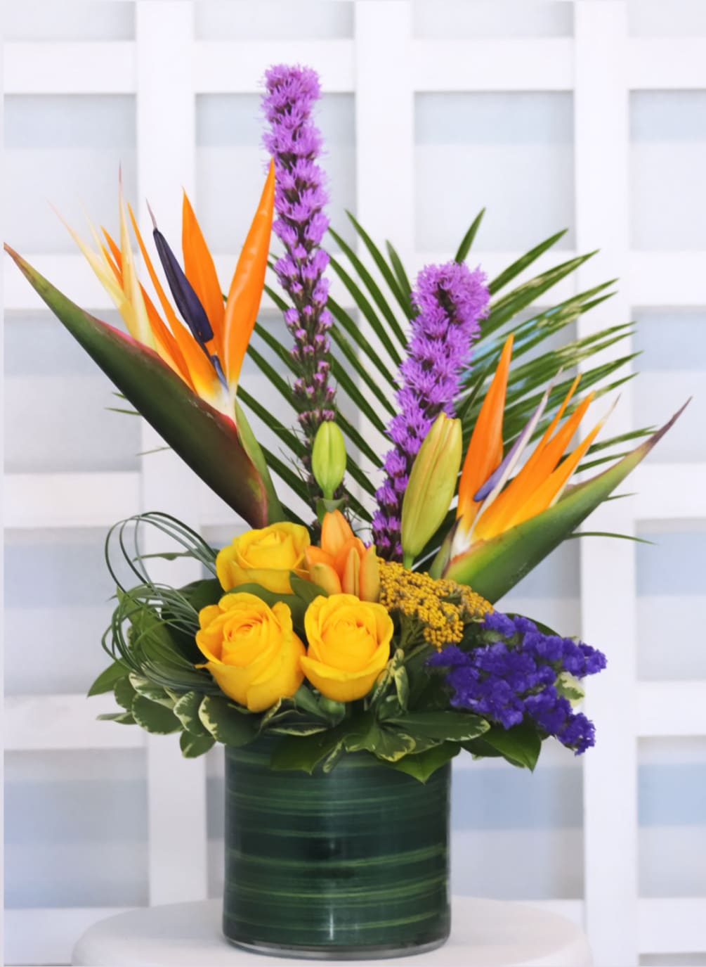 This unique tropical design includes Birds of paradise from Guatemala, yellow roses