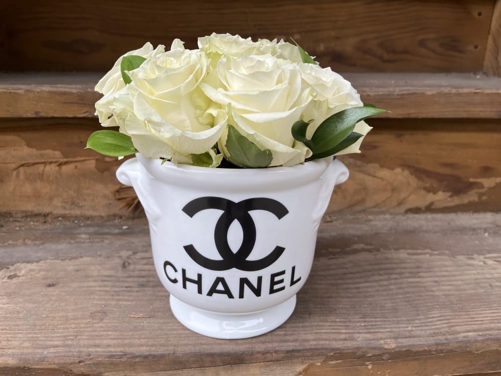Designer Planter with 8-10 Open Roses in a CHANEL Ice Bucket 