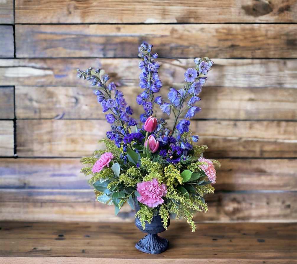 Steal the show with this beautiful arrangement! Select from blue  delphinium
