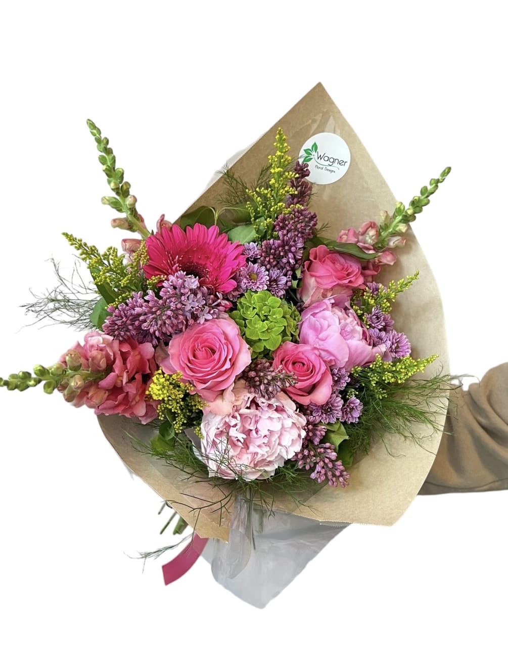 Light pink roses, light pink peony, pink snapdragons, yellow aster, lilac, hot