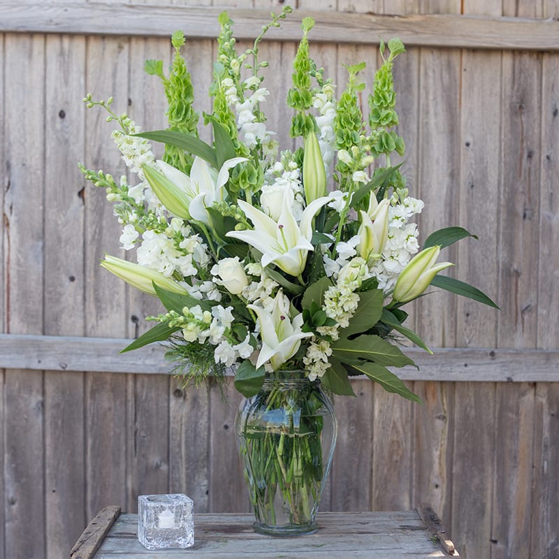 Simple, yet elegant all white vase arrangement. Bells of Ireland, roses, larkspur