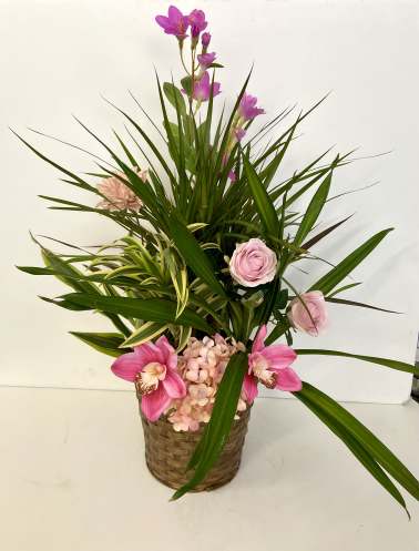 Pink orchids and roses in a woven basket with long green leaves