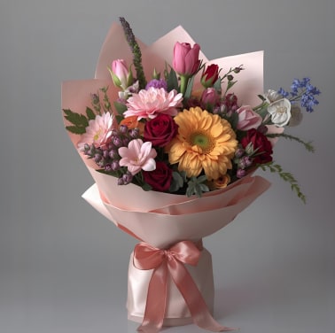 Pink and red mixed flower bouquet wrapped in blush paper with a satin ribbon