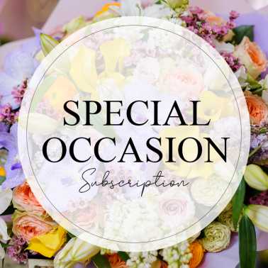 Mixed bouquet with roses, lilies, and calla lilies behind a "Special Occasion Subscription" label