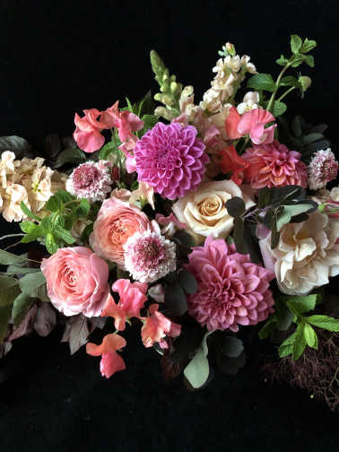 Pink and cream mixed bouquet with dahlias, roses, and snapdragons
