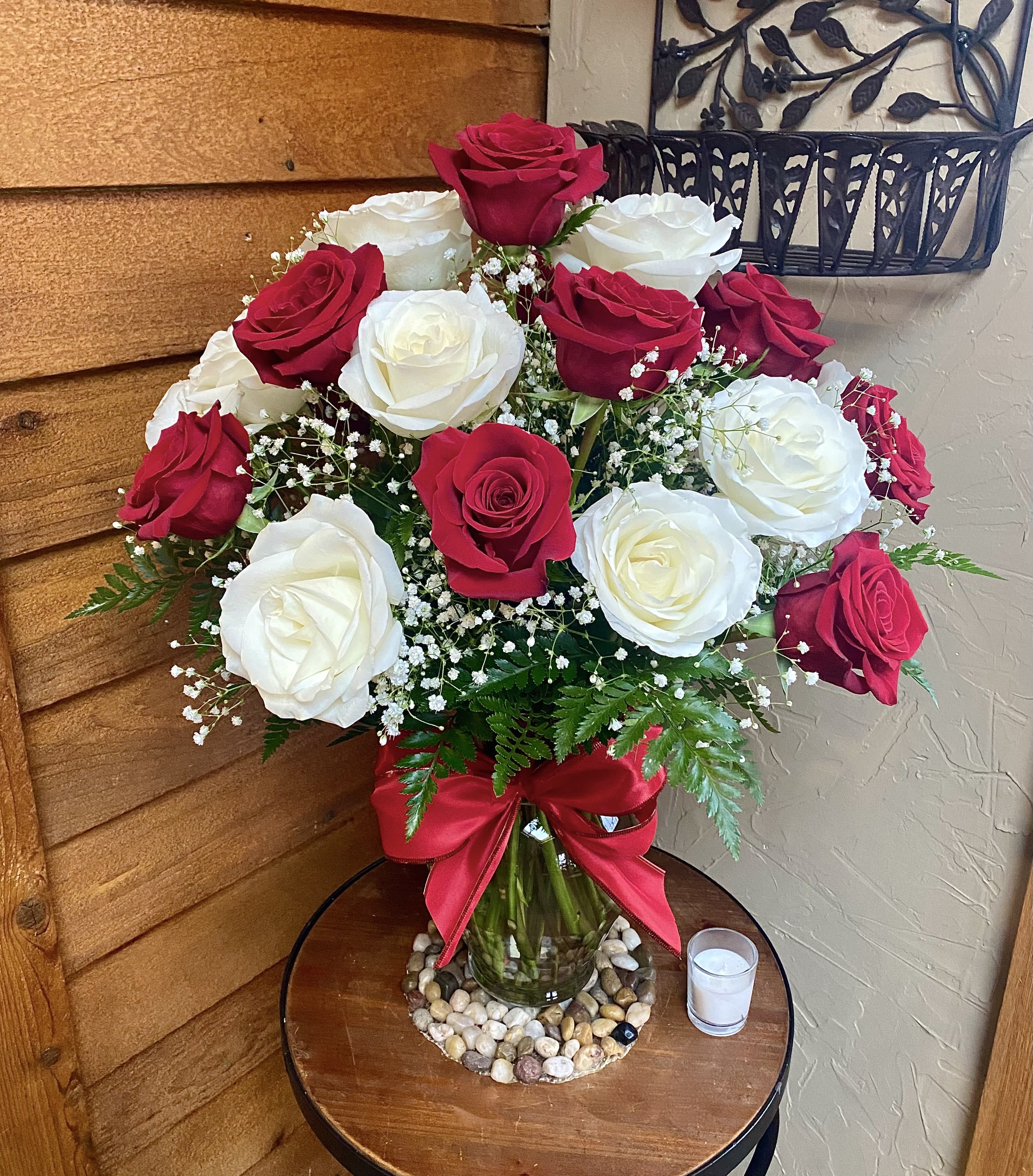 Nostalgic 24 Classic Red & White Roses with Baby's Breath in Cary, IL