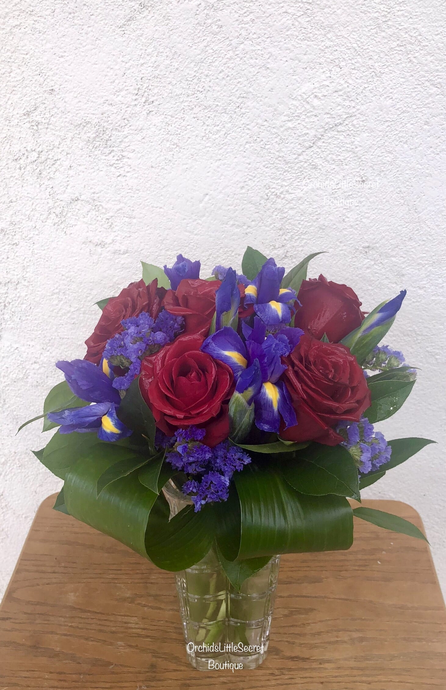 Iris and Red Rose Bouquet in Placentia, CA Orchids Little Secret Boutique