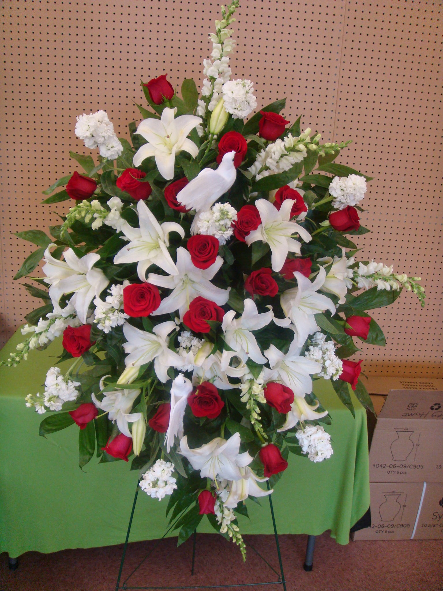 Classic White Lilies & Red Roses Easel Spray in Huntsville, AL Country Home Florist