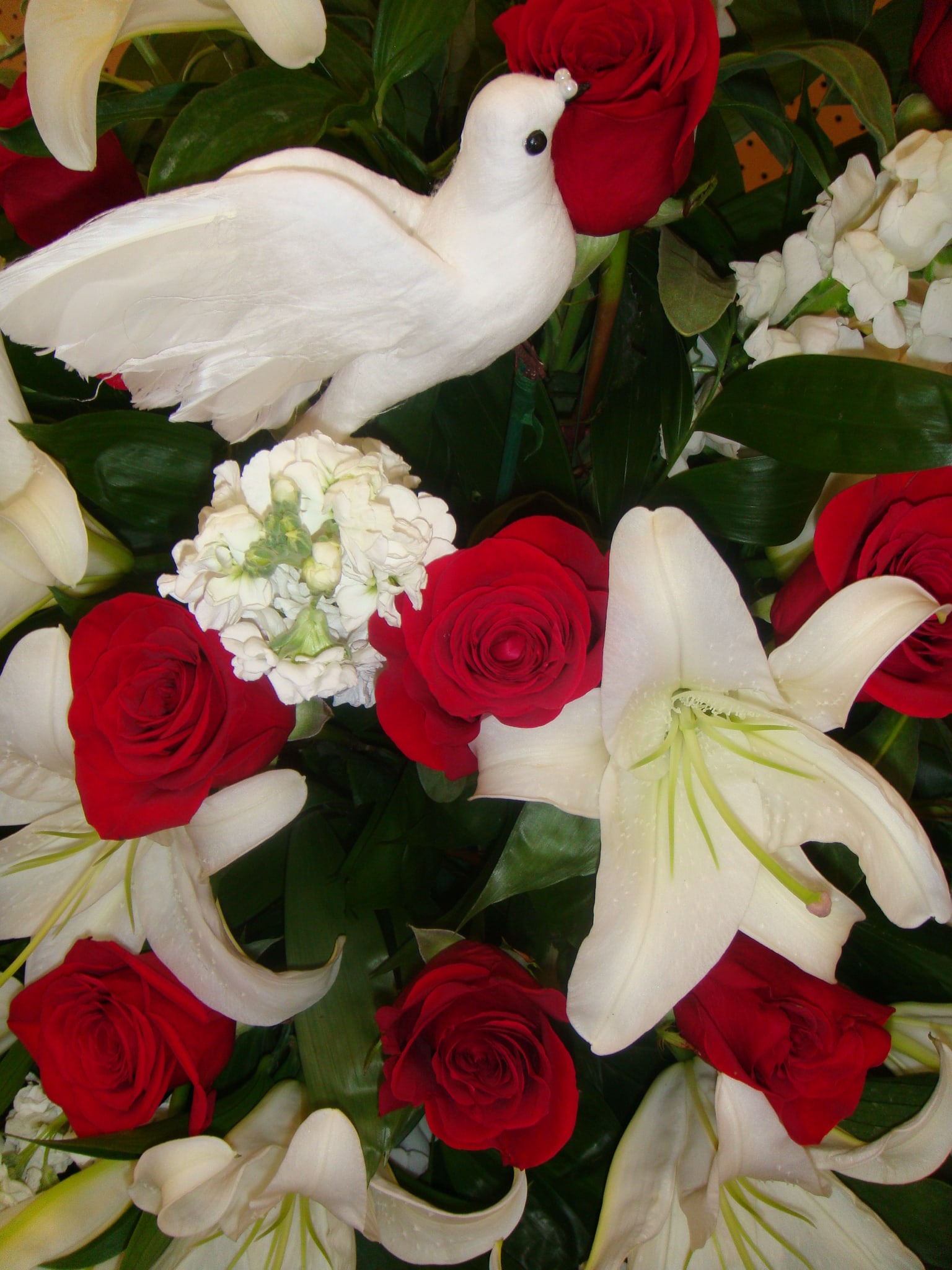 Classic White Lilies & Red Roses Easel Spray in Huntsville, AL Country Home Florist