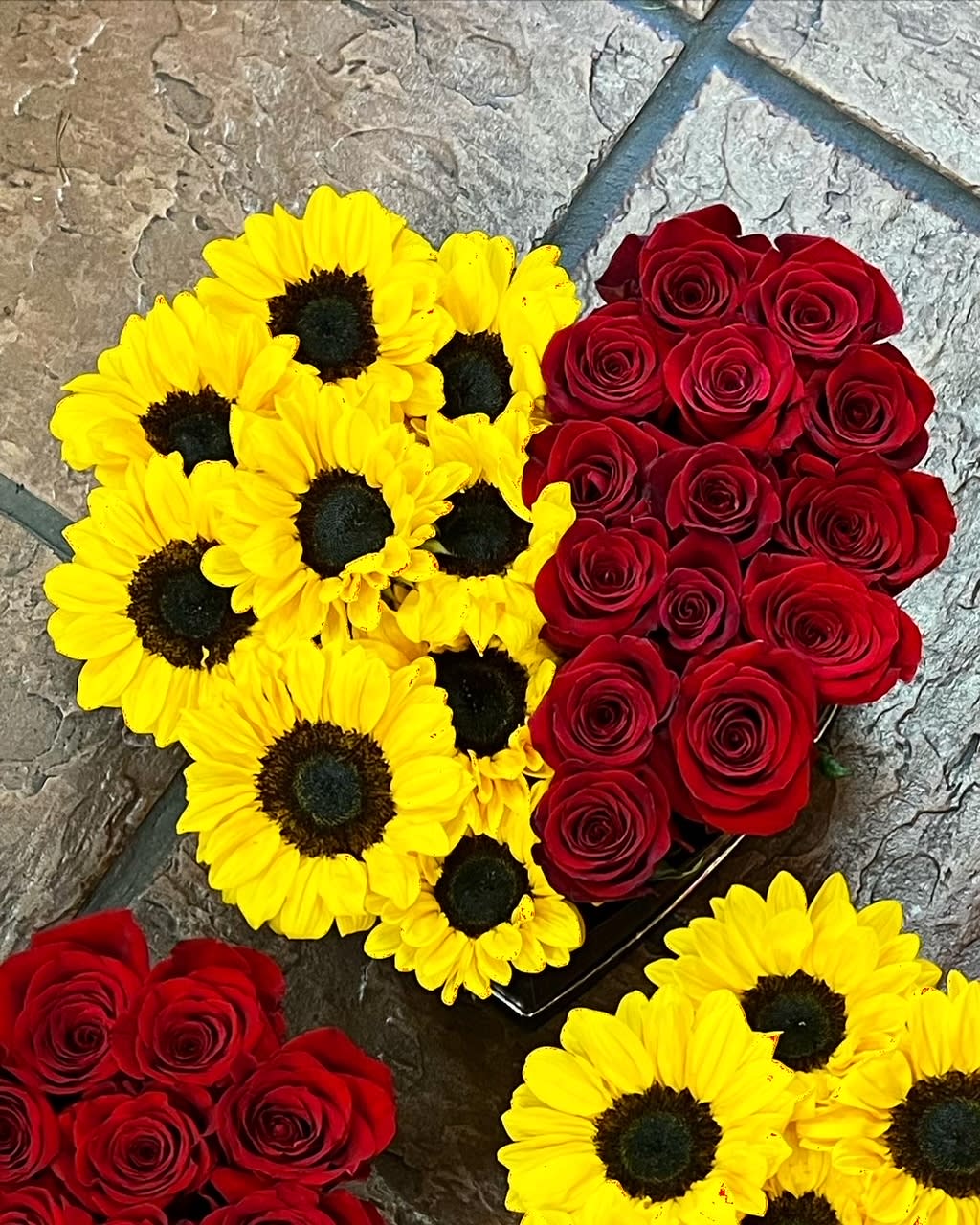 red and sunflowers heart box in Highland, CA Hilton's Flowers