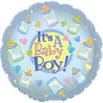 Round baby boy foil balloon with bottle and heart graphics