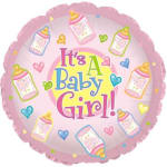 Pink baby girl foil balloon with hearts and bottle graphics