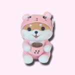 Pink teddy bear plush wearing a bear hood and holding a cup
