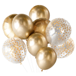 Cluster of gold and clear confetti balloons