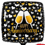 Square anniversary balloon with champagne glasses and hearts on a black background
