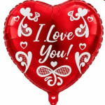 Red heart-shaped balloon with "I Love You!" text and white heart decorations