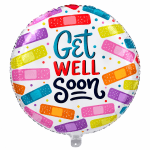 Round foil balloon with colorful bandage graphics and "Get Well Soon" text