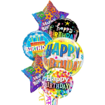 Cluster of colorful birthday balloons with star and round shapes