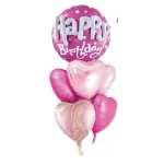 Pink birthday balloon bouquet with heart-shaped balloons