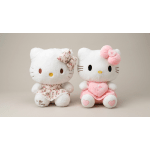 Two Hello Kitty plush toys in pink outfits sit side by side.