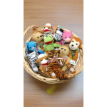 Basket of small animal plush toys in assorted colors