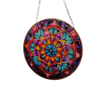 Round stained-glass-style hanging panel with colorful floral mandala design