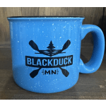 Blue speckled mug with a Blackduck MN logo