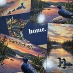 Assorted Minnesota-themed postcards with ducks and sunset lake scenes