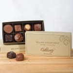 Box of assorted chocolates with two pieces in front