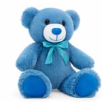 Blue teddy bear with a turquoise ribbon on a white background