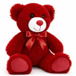 Red teddy bear with a satin bow on a white background