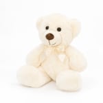 Cream teddy bear with a satin bow on a white background