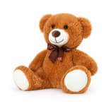 Brown teddy bear with a ribbon bow sitting on a white background.