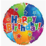 Round multicolor birthday balloon with stars and "Happy Birthday" text