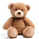 Brown teddy bear plush toy sitting on a white background