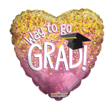 Heart-shaped graduation balloon with pink and gold confetti and "Way to go GRAD!" text