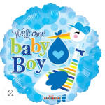 Blue baby boy welcome balloon with a stork illustration