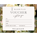 Bloom Plus voucher card over a blurred floral background