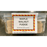 Rectangular tub of maple walnut fudge with a white label on a clear plastic container