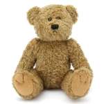 Brown teddy bear plush toy sitting upright on a white background