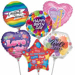 Assorted colorful foil balloons with birthday and congratulations messages