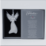 Silver angel ornament in a gift box with a memorial poem card