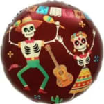 Round balloon with two dancing skeletons and a guitar on a dark red background