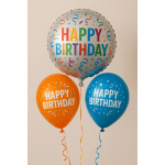 Three birthday balloons in orange, blue, and silver with confetti print