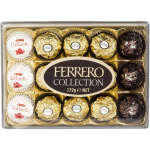 Box of assorted Ferrero chocolates in gold and white wrappers