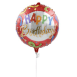 Round birthday balloon with colorful "Happy Birthday" text