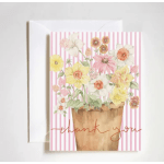 Thank you card with watercolor flowers in a pot on pink stripes