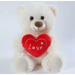 White teddy bear holding a red heart with the word Love