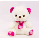White teddy bear with pink heart-patterned ears, paws, and scarf