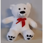 White teddy bear with a red ribbon bow